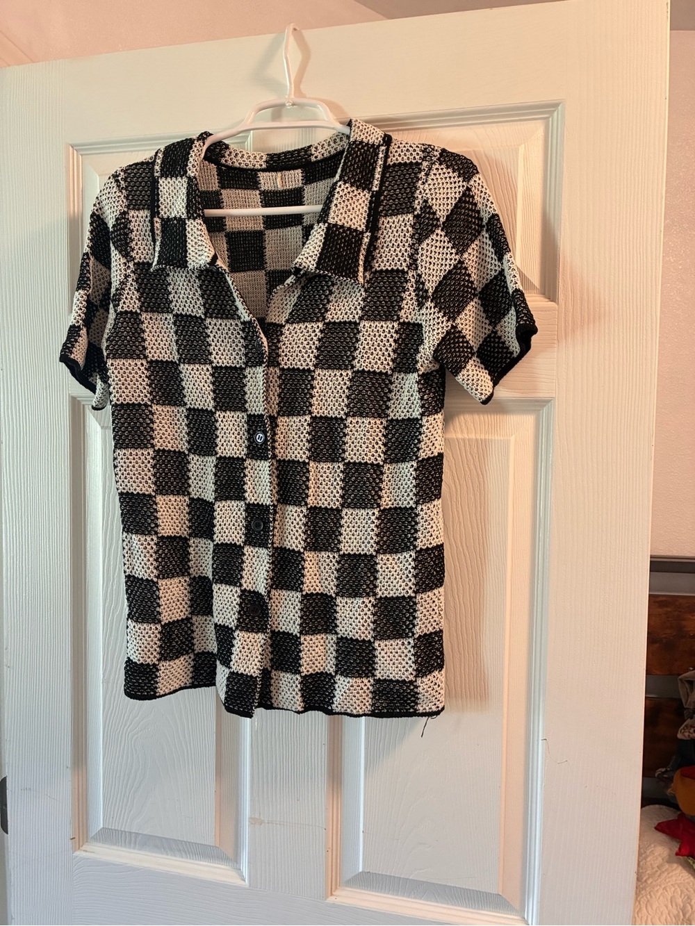 SHEIN Black & White Checkerboard Button-Down Knit Top